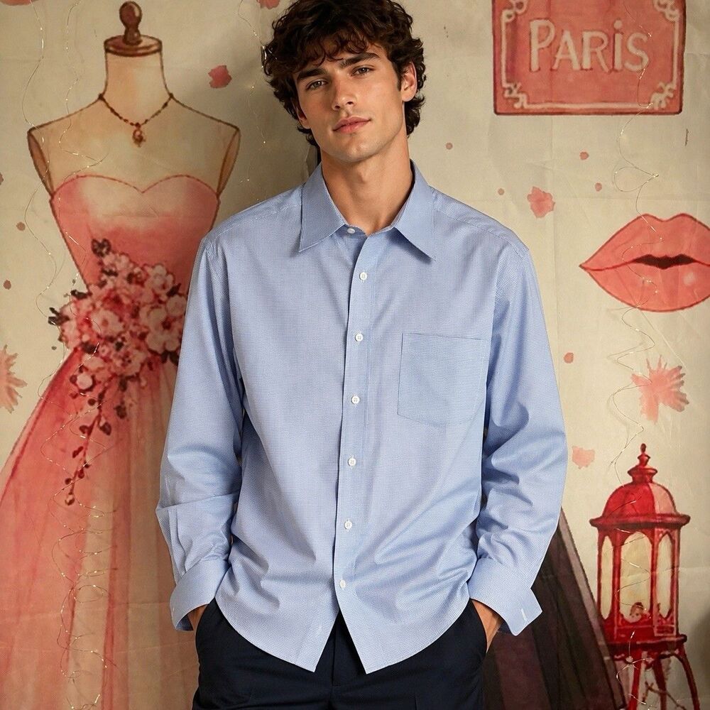 Solemare Check Long  Sleeve Button Down Shirt (Mens Large) Blue - Italy Sz. L